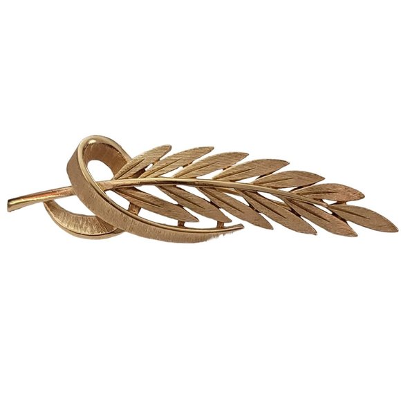Trifari Crown Over T Gold Tone Laurel Leaf Ribbon Brooch Pin, Signed K898 - Picture 9 of 9